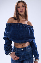 SHINING STAR OFF THE SHOULDER RHINESTONE DENIM SWEATSHIRT