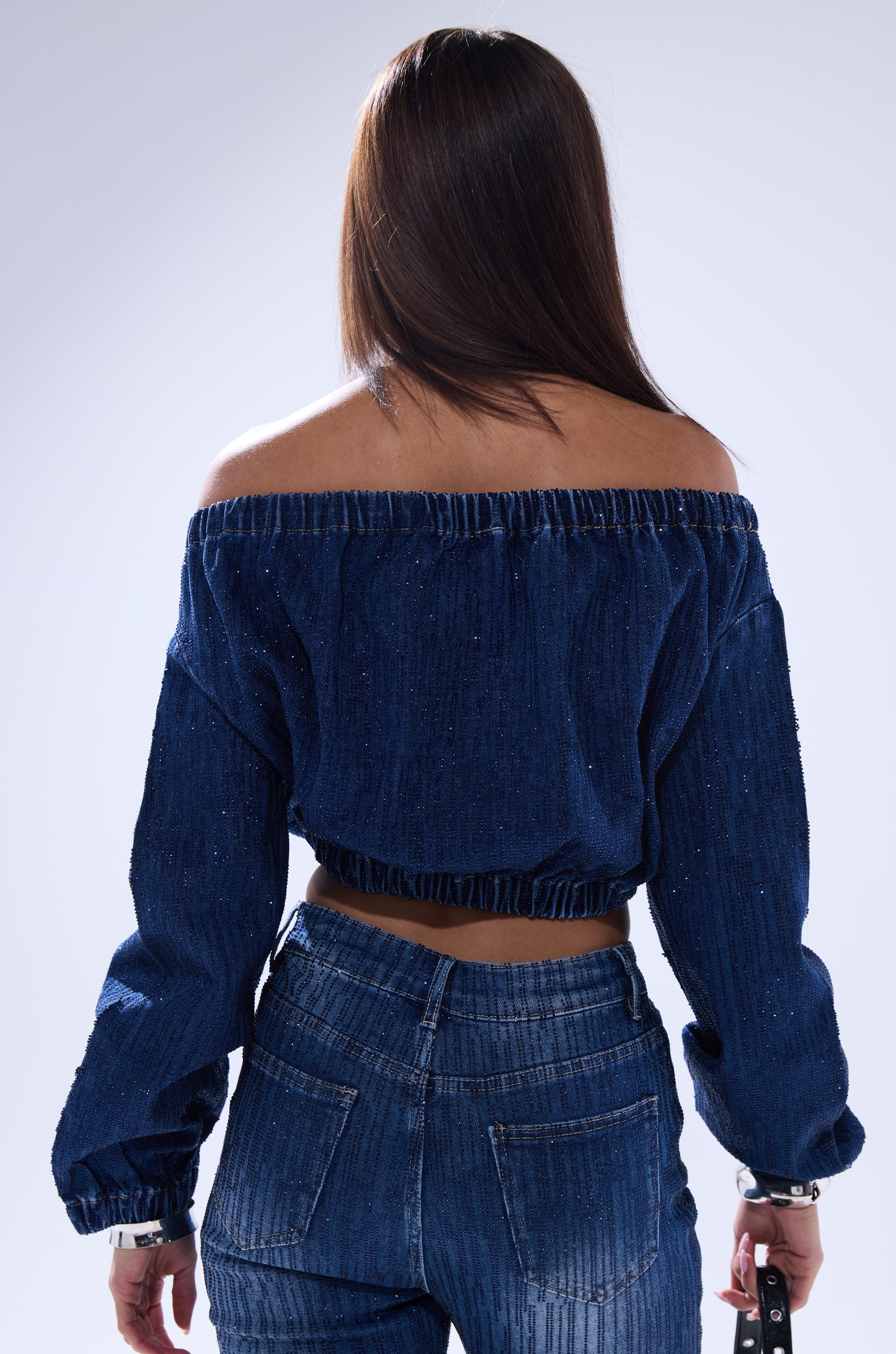SHINING STAR OFF THE SHOULDER RHINESTONE DENIM SWEATSHIRT