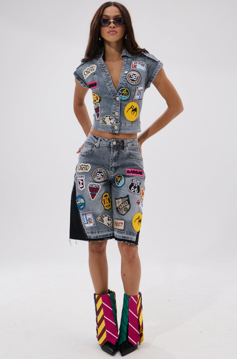 VINTAGE DENIM BERMUDA SHORT WITH PATCHES
