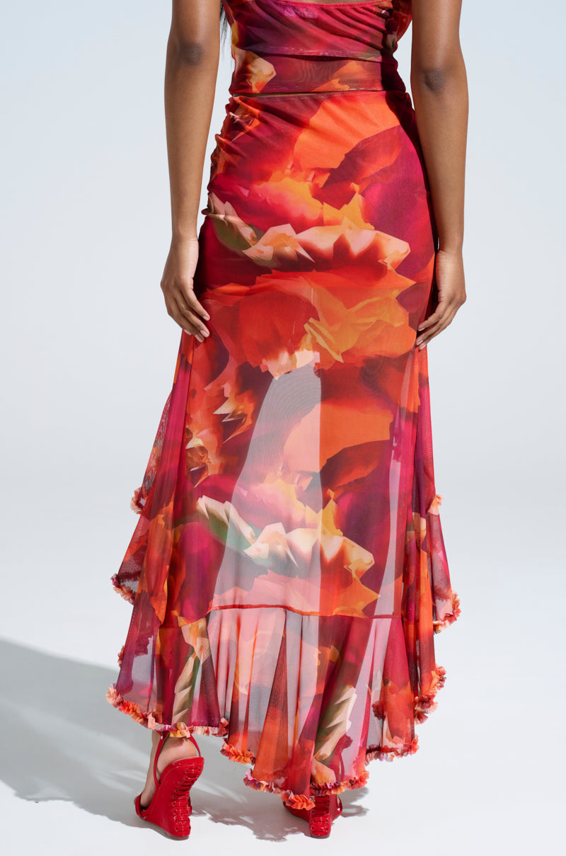 UP IN FLAMES RUFFLE MIDI SKIRT