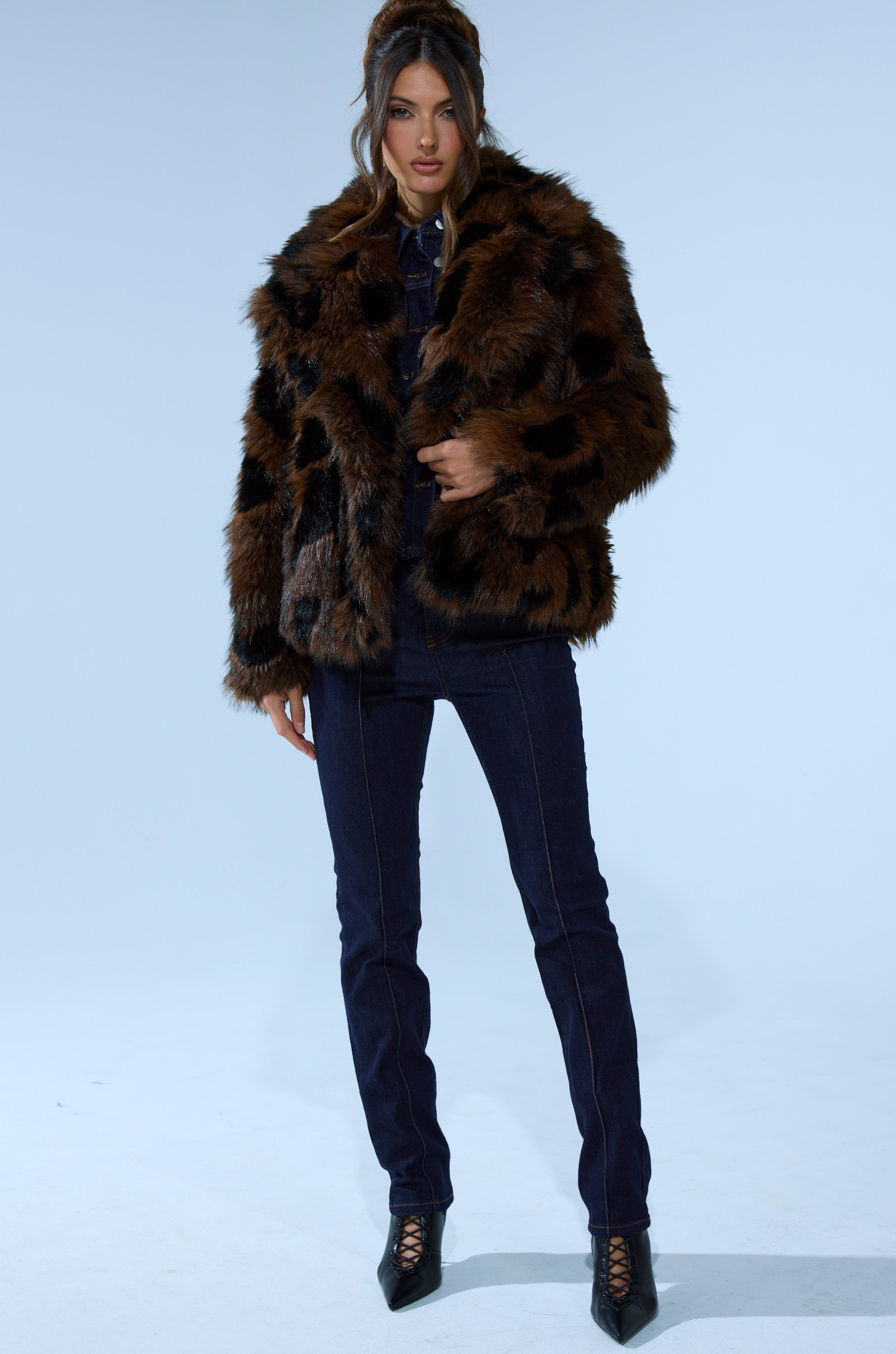 SHORTIE FUR COAT IN BROWN MULTI