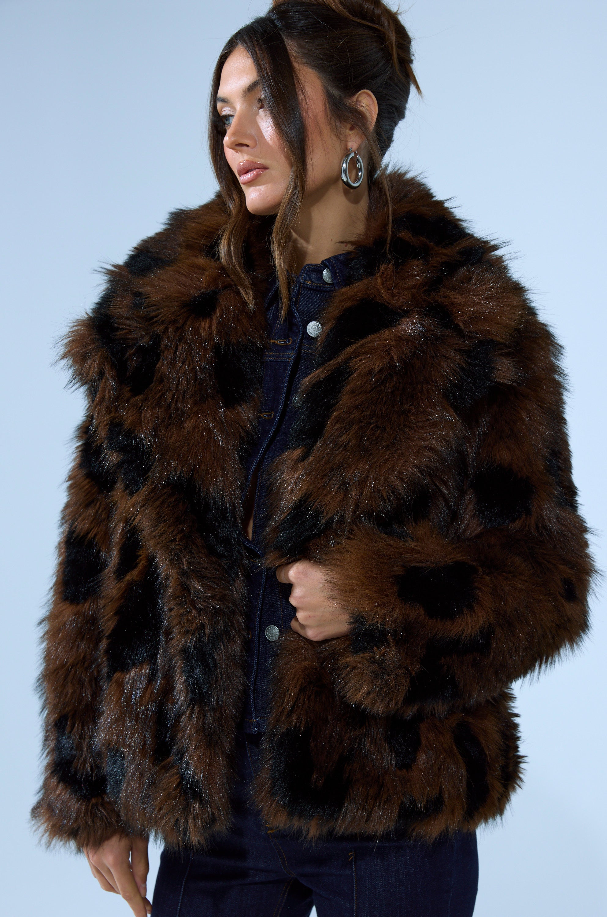 SHORTIE FUR COAT IN BROWN MULTI