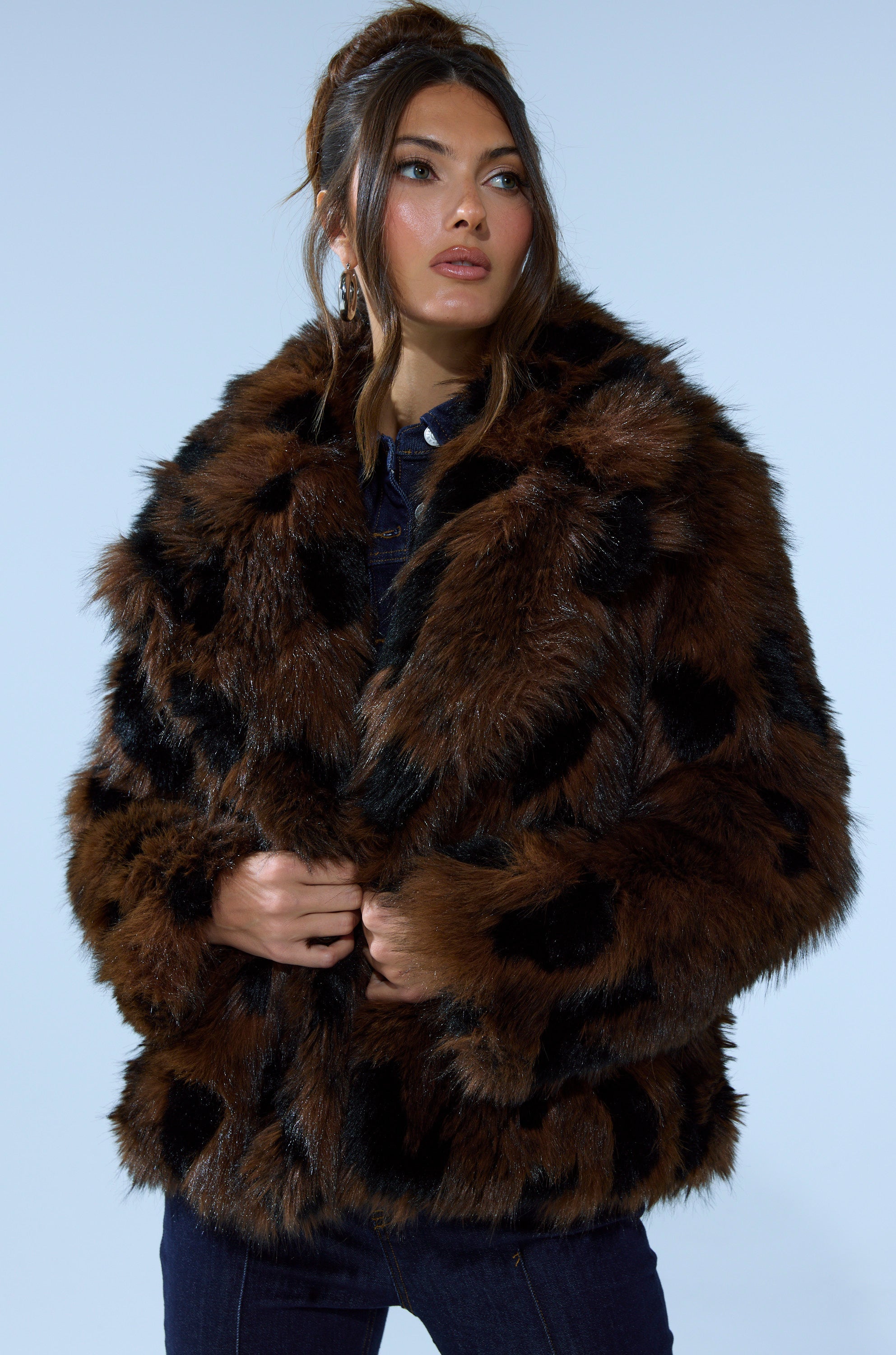SHORTIE FUR COAT IN BROWN MULTI