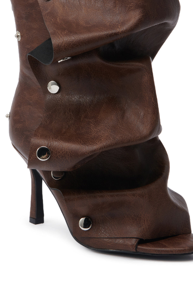 AZALEA WANG BIRD SONG BROWN SNAP DETAIL OPEN TOE BOOTIE