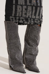 AZALEA WANG CALCIFER GRAY RHINESTONE AND DENIM WESTERN BOOT
