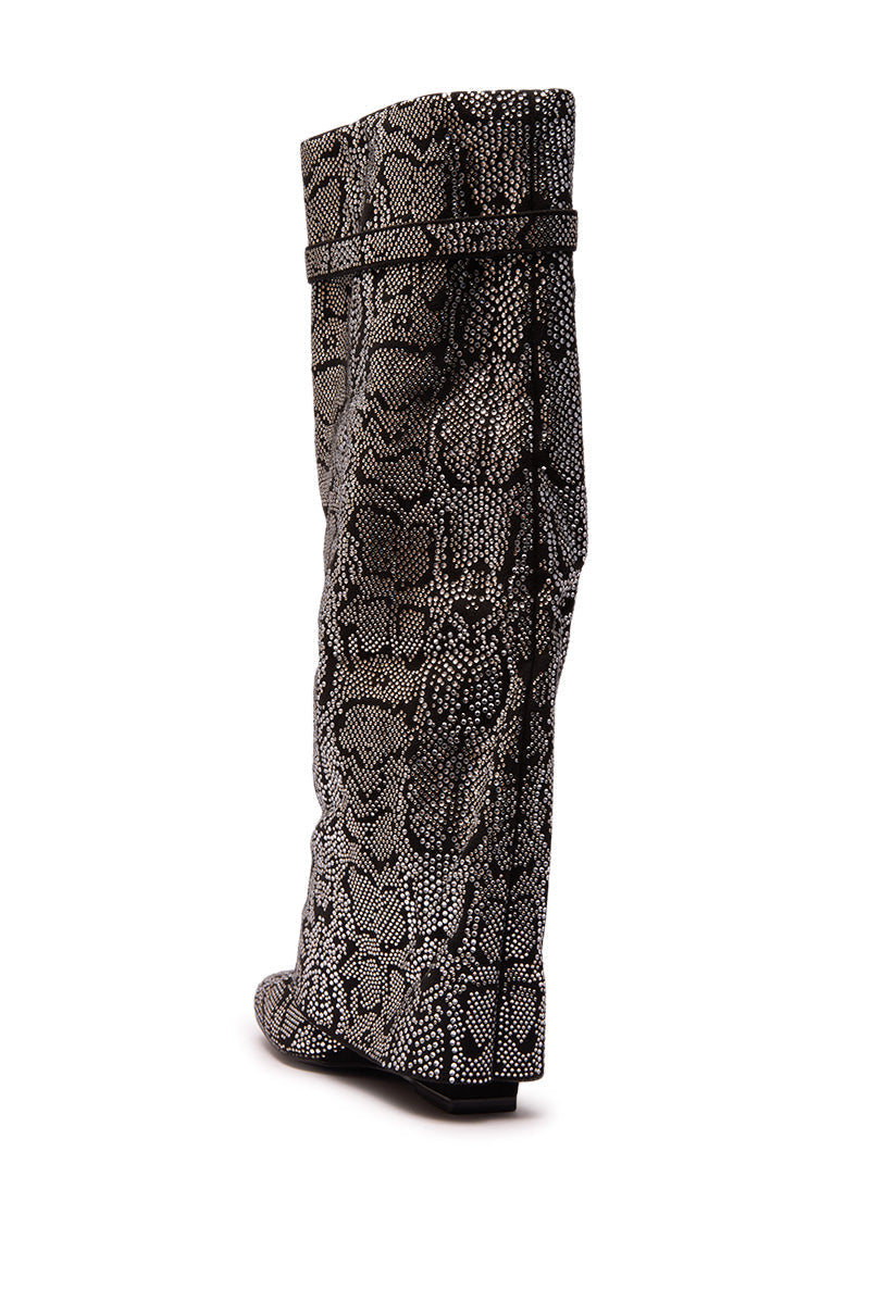 AZALEA WANG CAPRICORN RHINESTONE SNAKE PATTERN WEDGE FOLD OVER BOOT