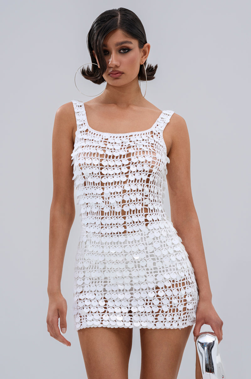 SHINE BRIGHT CROCHET SEQUIN MINI DRESS IN WHITE