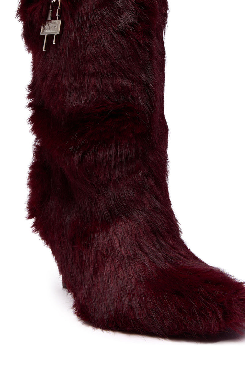 AZALEA WANG DAMME RED FUR BOOTIE WITH LOCK DETAIL