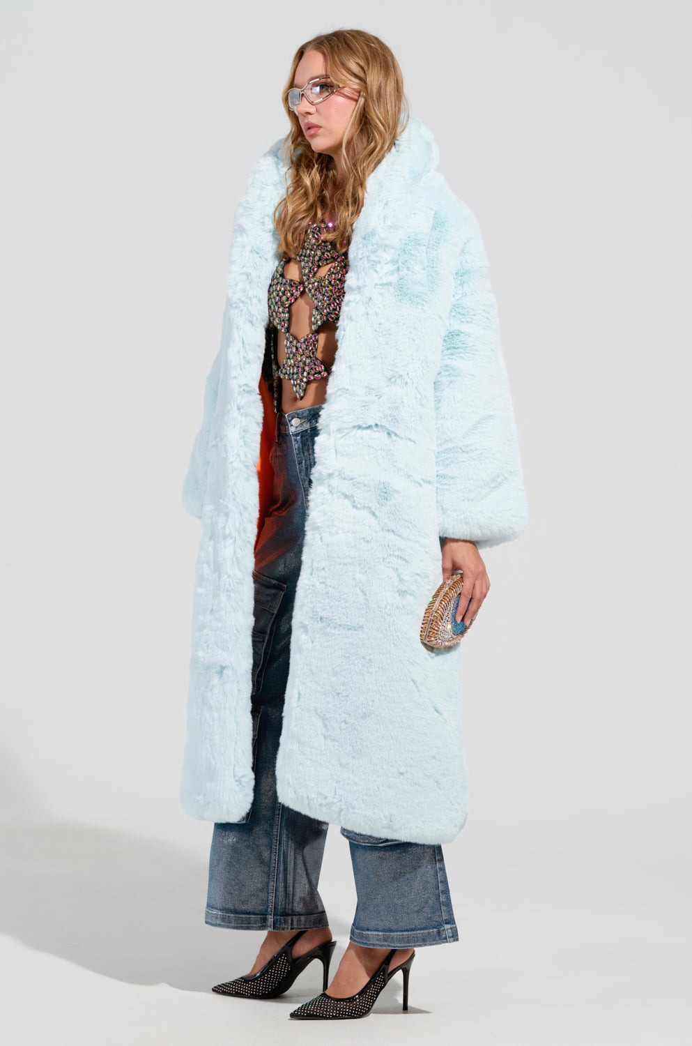 DAYANNE FAUX FUR TRENCH IN LIGHT BLUE