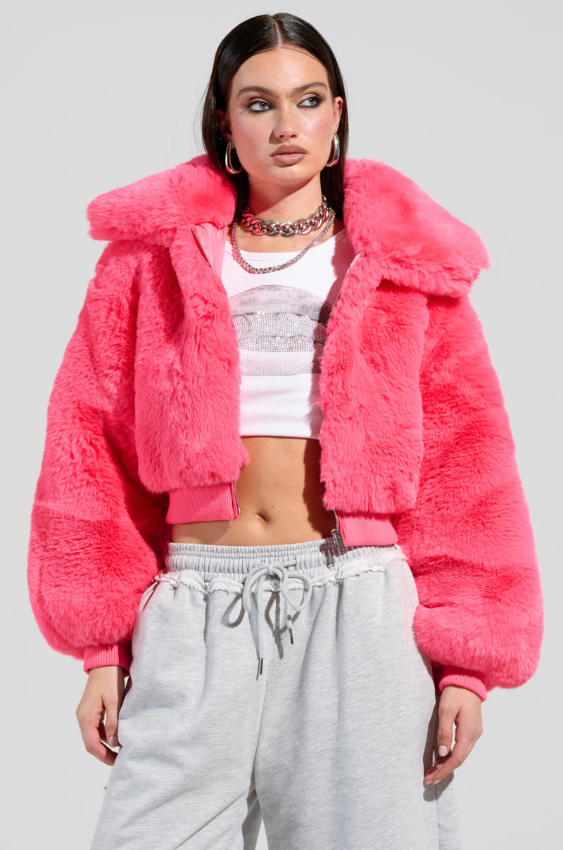 DREW FAUX FUR BOMBER IN HOT PINK