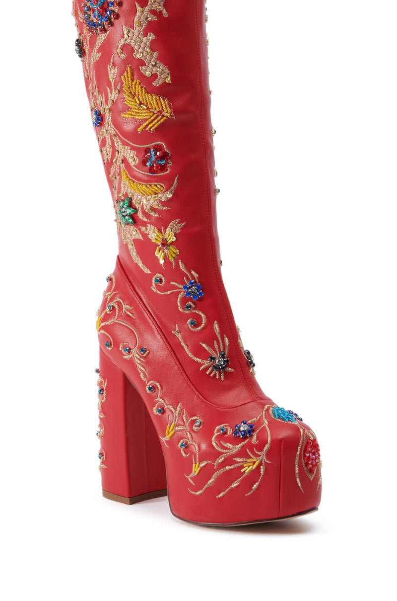 AZALEA WANG FLIPPER RED PU WITH EMBELLISHMENTS CHUNKY BOOT