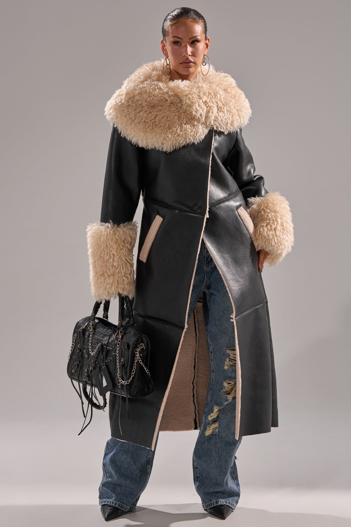 SHE GOT IT FLUFFY PU TRENCH WITH BONDED SHERPA