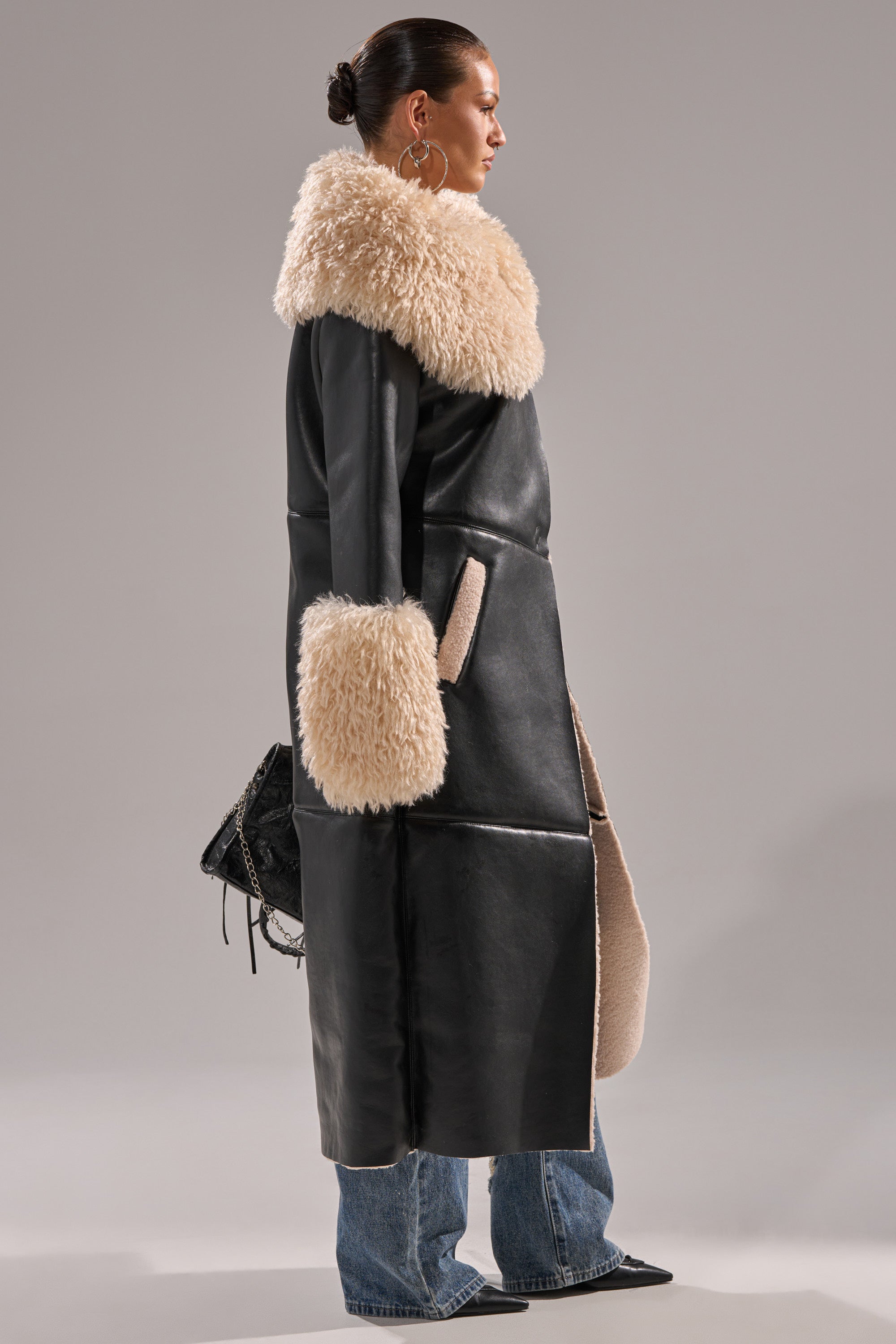 SHE GOT IT FLUFFY PU TRENCH WITH BONDED SHERPA
