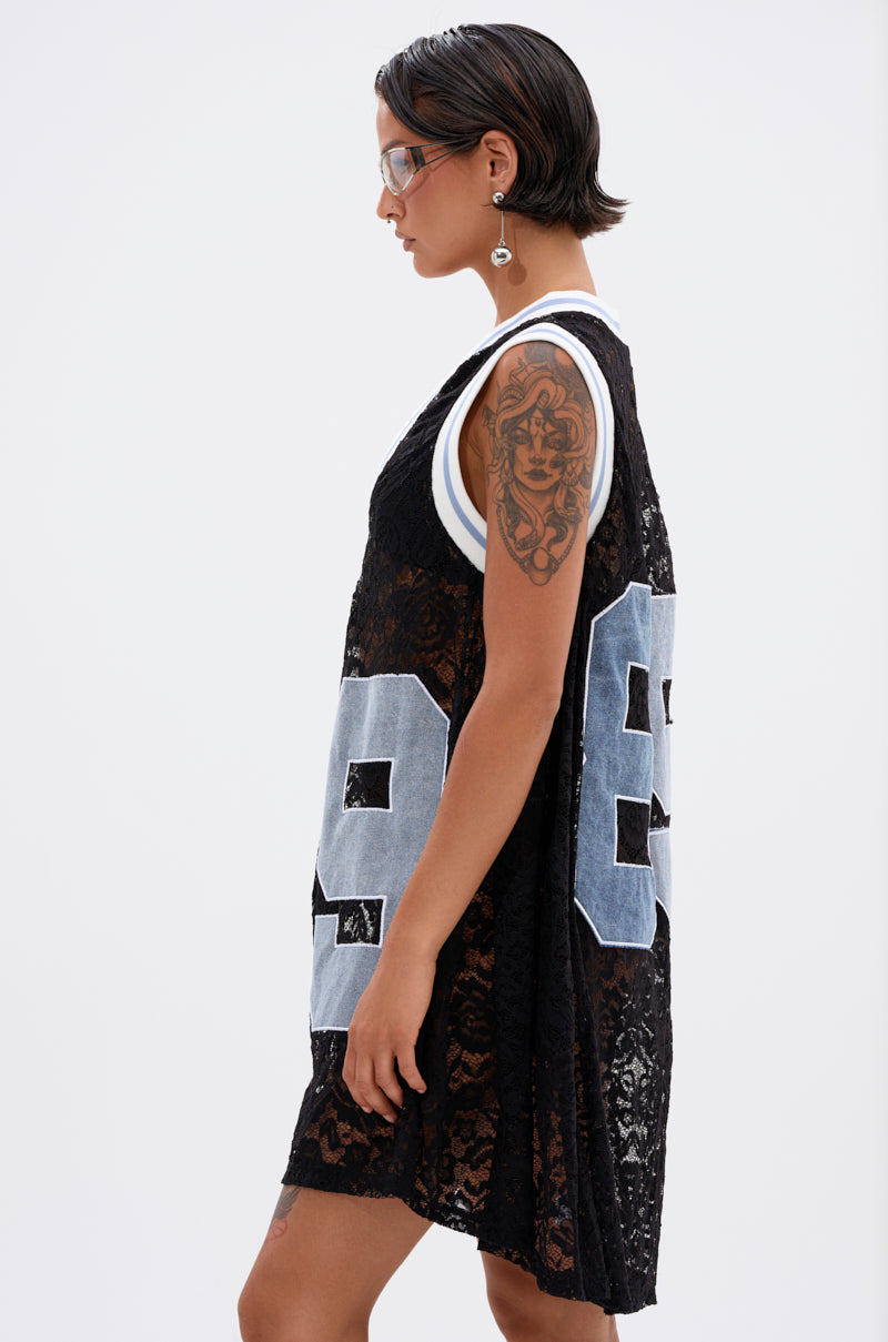 ON THE SIDELINES LACE JERSEY MINI DRESS WITH DENIM