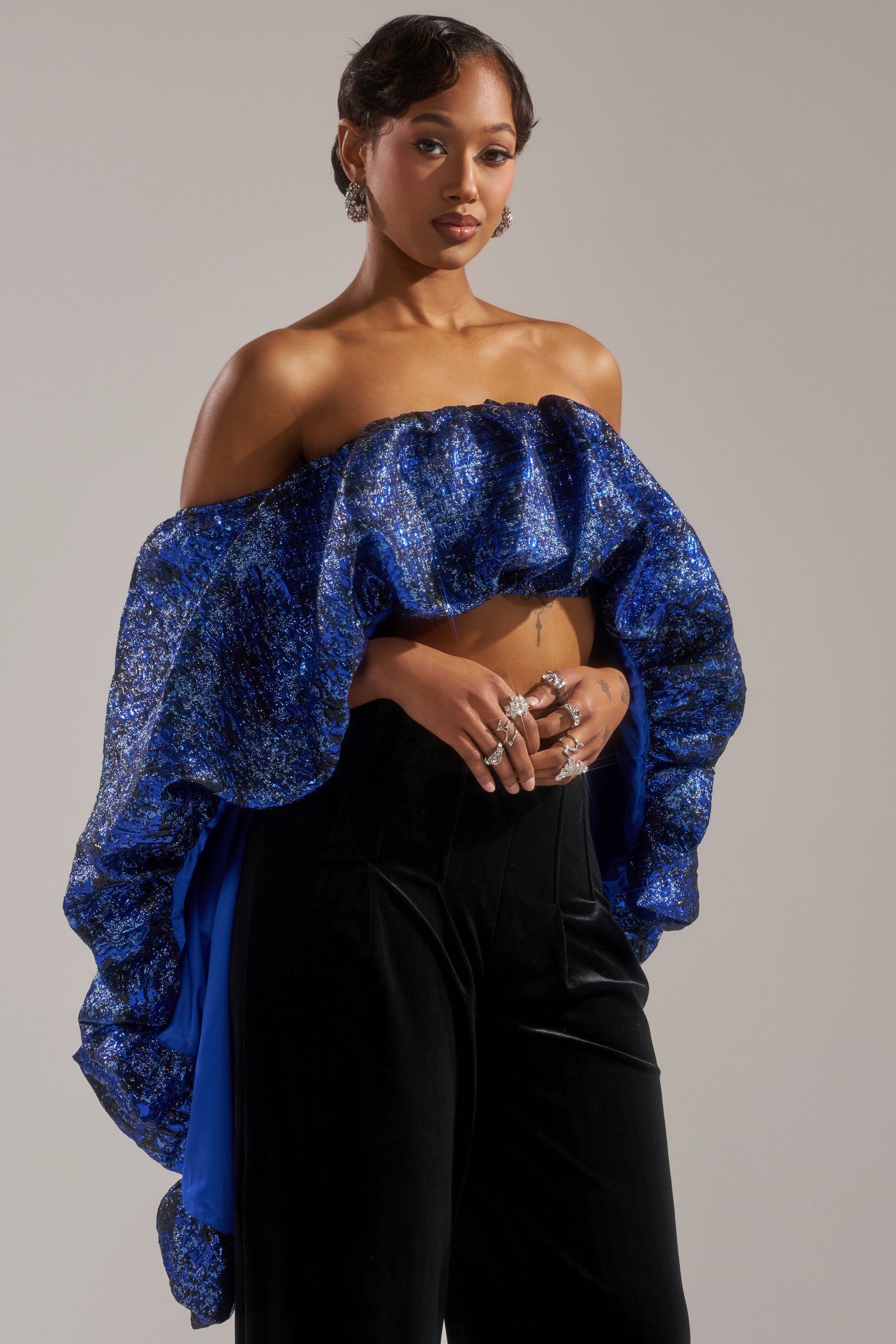 MELANI OFF THE SHOULDER HI-LOW BROCADE BLOUSE