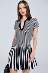 ALINA PLEATED KNIT FIT AND FLARE MINI DRESS IN BLACK AND WHITE