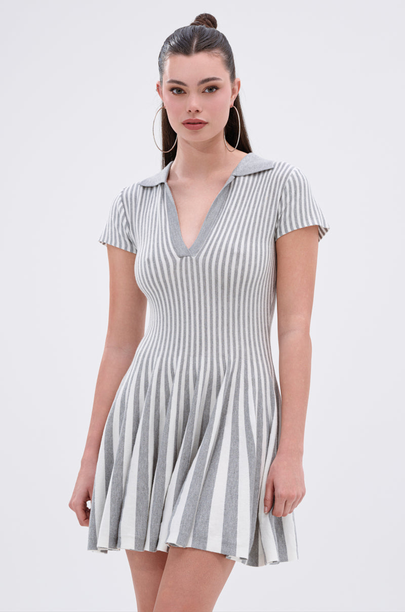 ALINA PLEATED KNIT FIT AND FLARE MINI DRESS