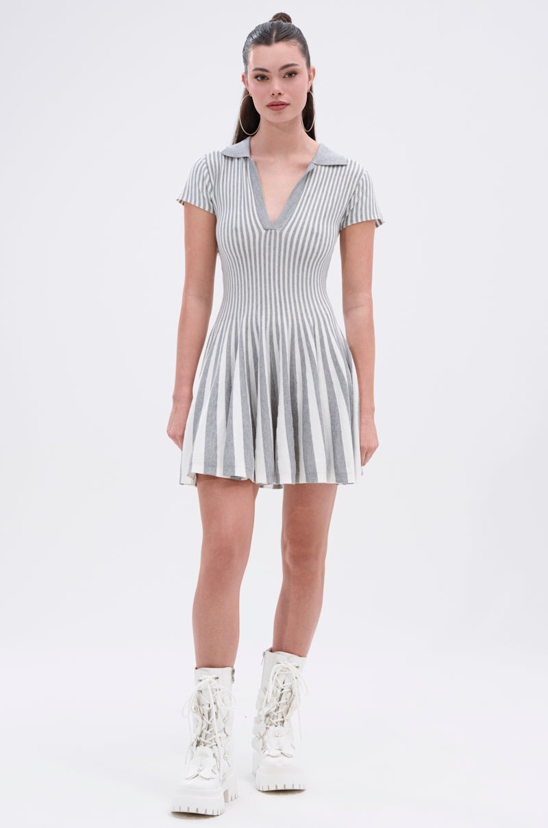 ALINA PLEATED KNIT FIT AND FLARE MINI DRESS
