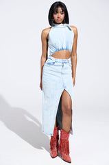 PEEKABOO DENIM MIDI DRESS