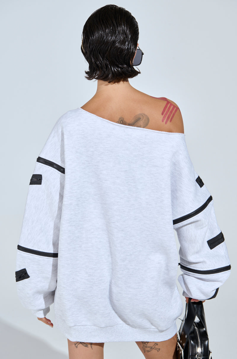 ZIP ZAP OFF THE SHOULDER SWEATSHIRT DRESS-GREY MULTI
