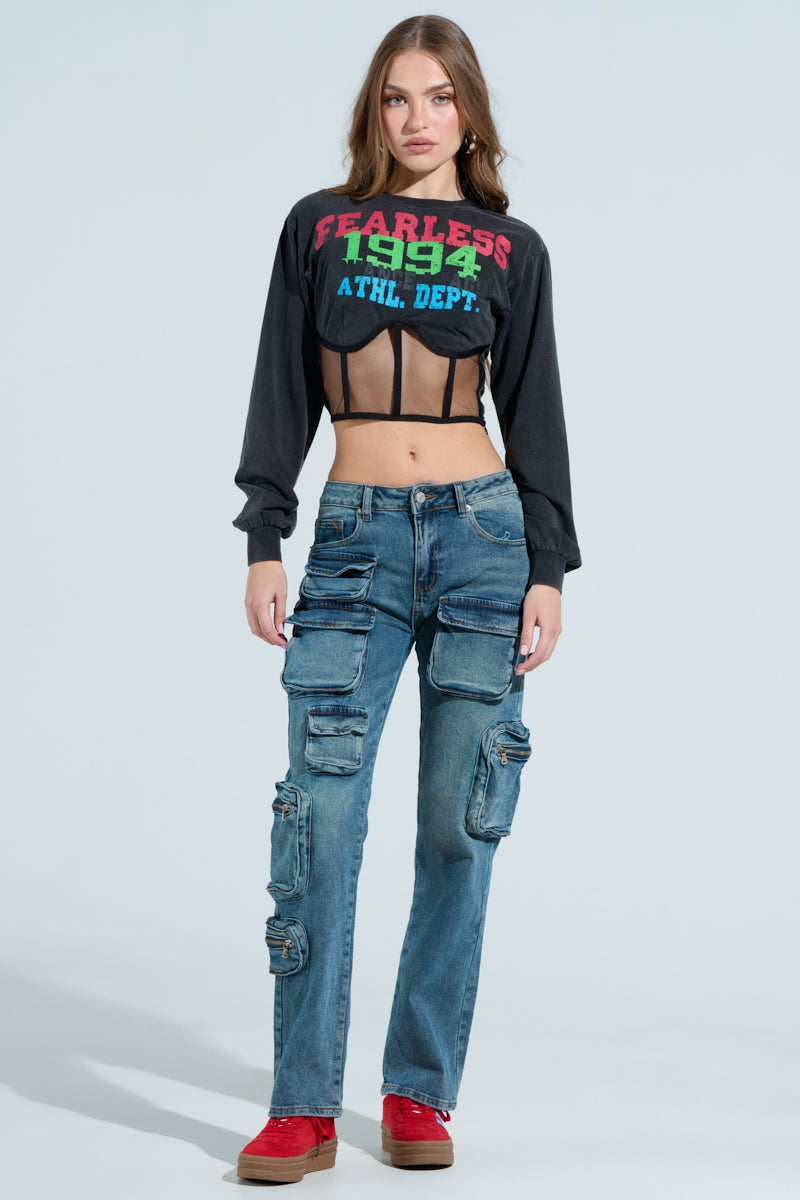 ALL OVER POCKET DETAIL RELAXED FIT JEANS IN MEDIUM BLUE DENIM