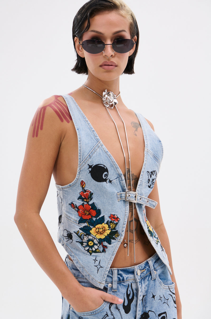 OUT OF MY LEAGUE DENIM HALTER TOP