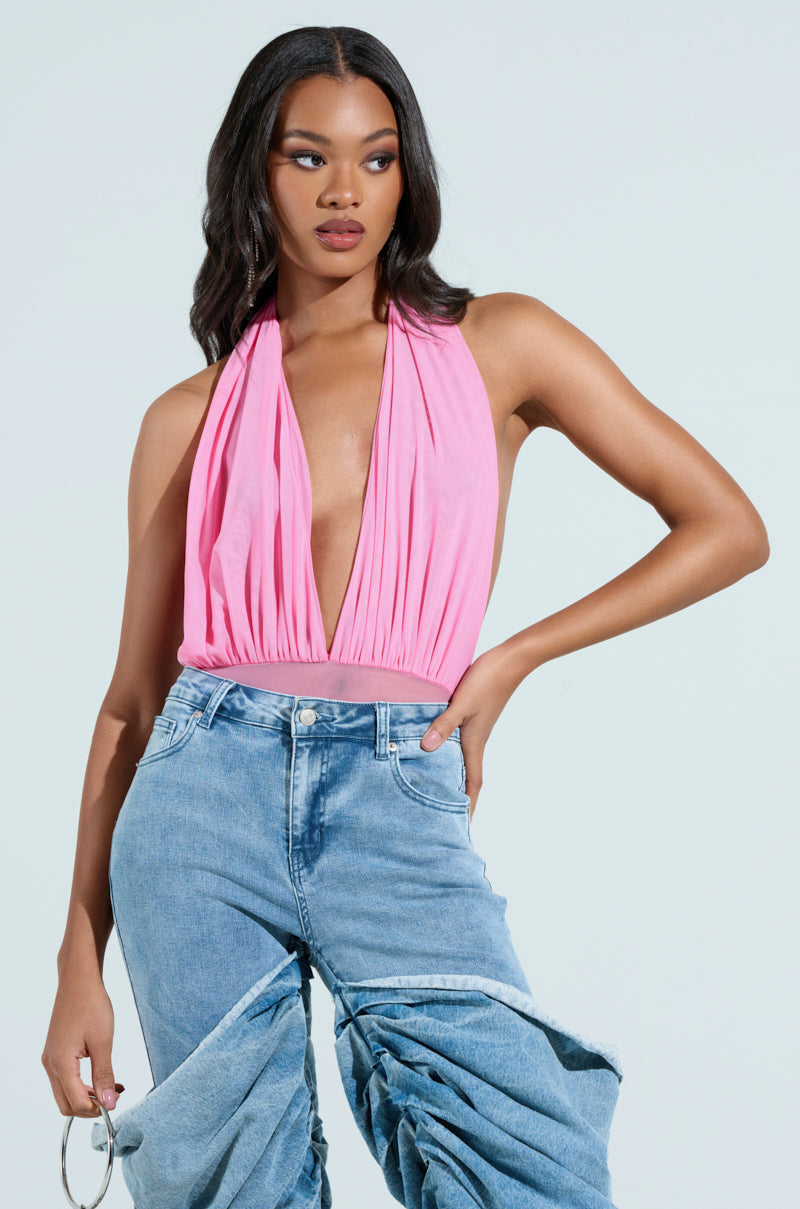 PAXTON SEXY RUCHED PLUNGE MESH HALTER BODYSUIT IN PINK