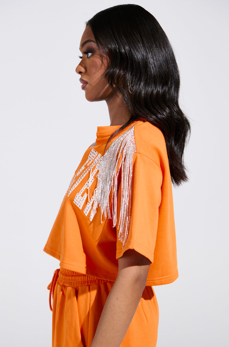WHATEVER YOU WANT CROPPED RHINESTONE FRINGE TEE