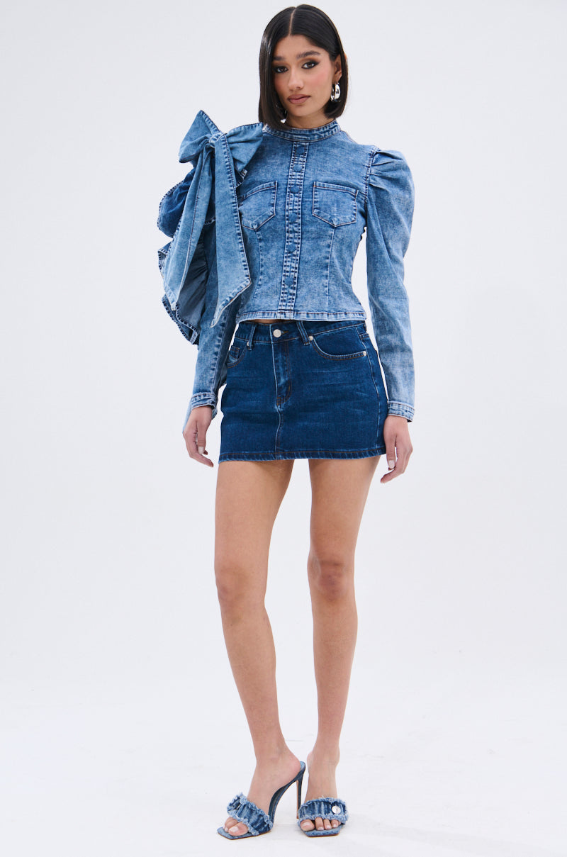 SEIZE THE DAY LONG SLEEVE FLOUNCE MEDIUM BLUE DENIM TOP