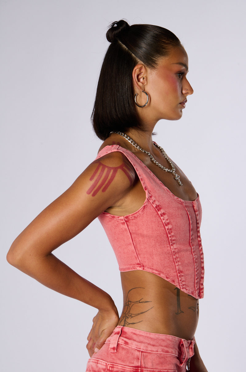 OUT THE MUD ACID WASH DENIM CORSET TOP