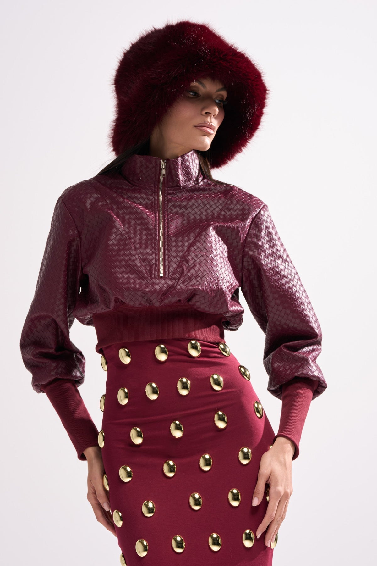 VENETTA FAUX LEATHER QUARTER ZIP SWEATSHIRT