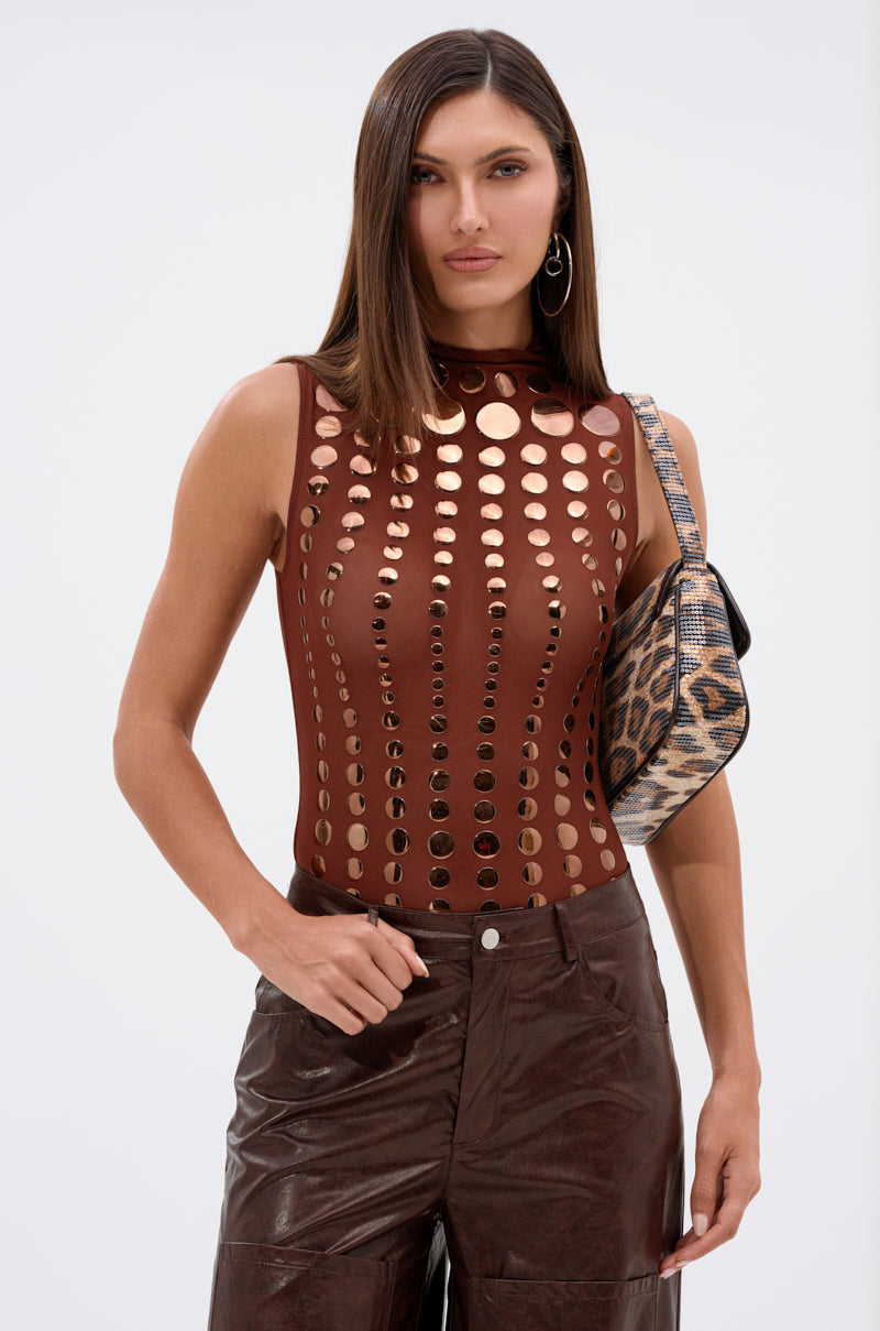 NOT MY FAULT SLEEVELESS BODYSUIT IN BROWN