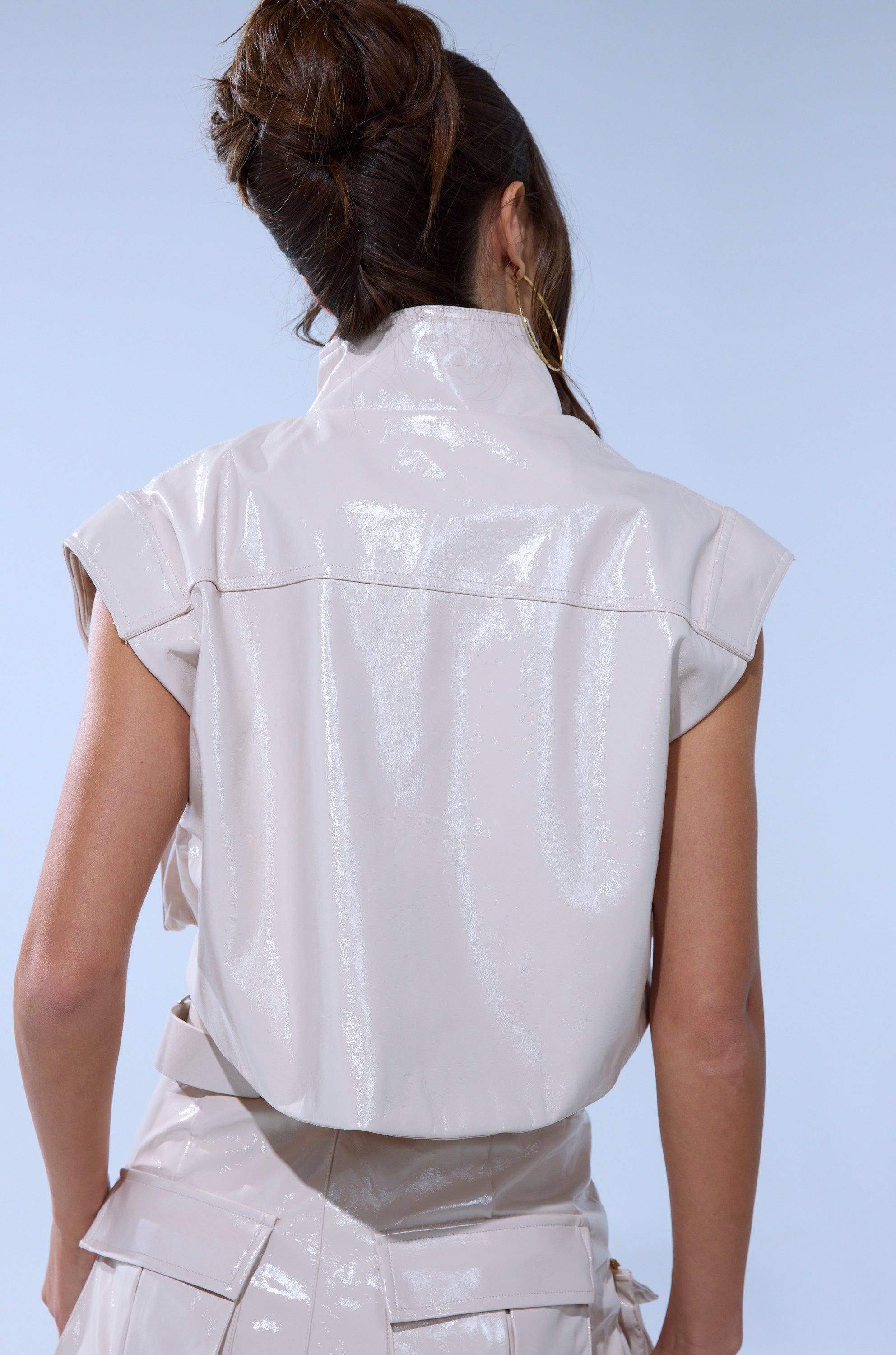 SHOW STOPPER FAUX LEATHER ZIP UP TOP