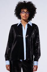 TRUE STORY SEQUIN BUTTON DOWN BLOUSE