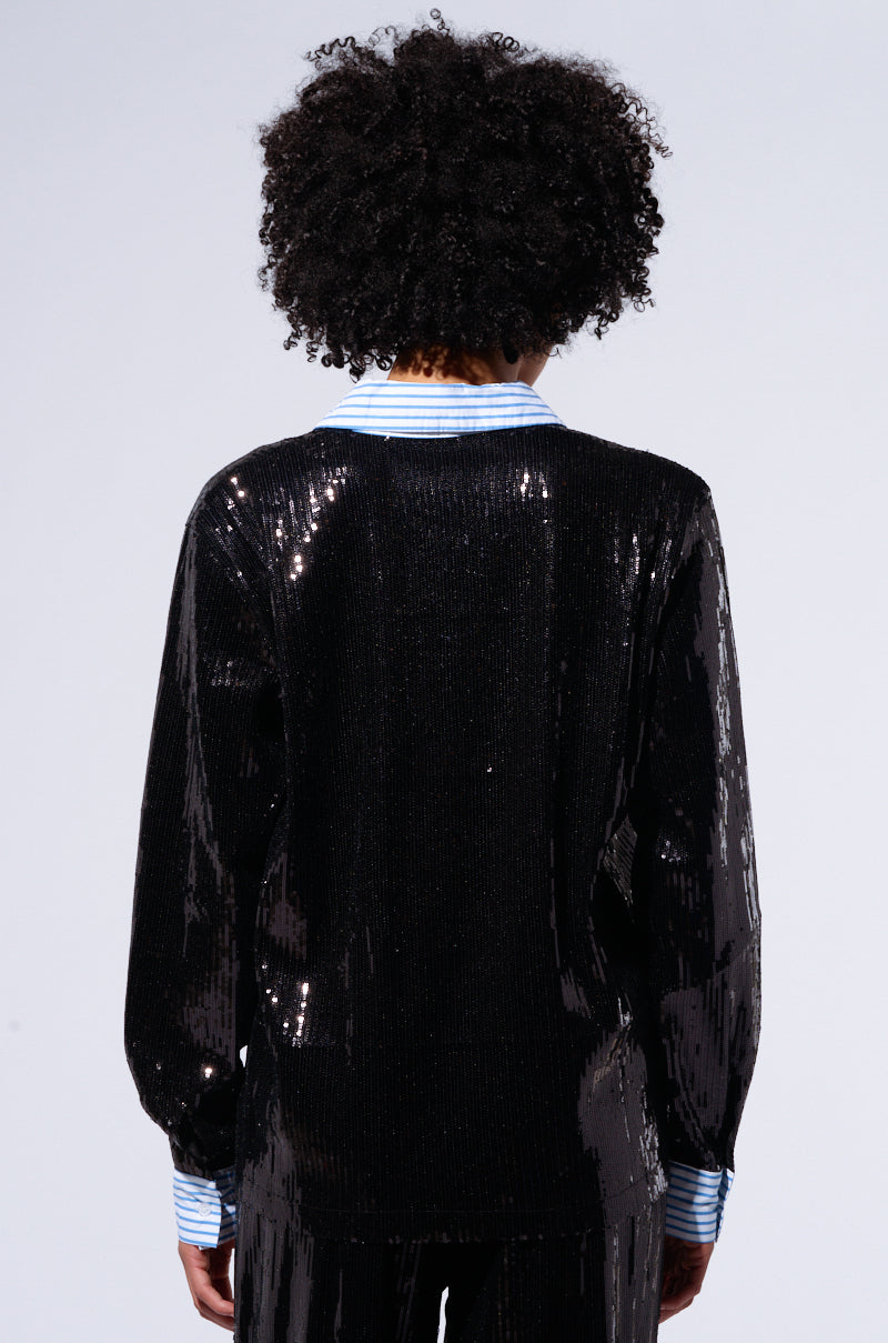TRUE STORY SEQUIN BUTTON DOWN BLOUSE