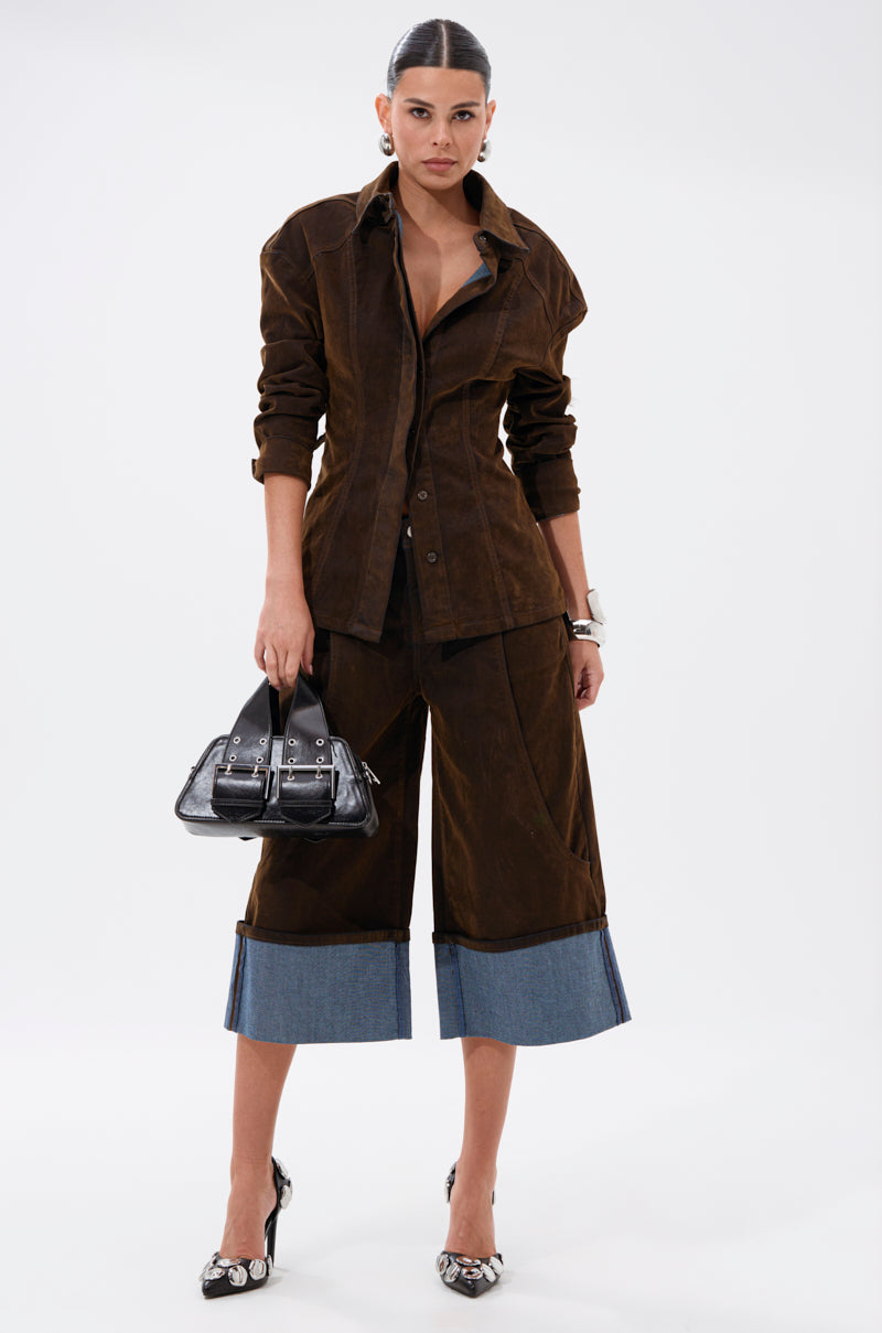 FALL VIBES VELVET DENIM BUTTON DOWN