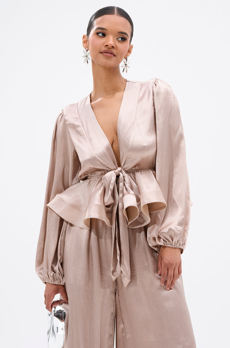 ELEGANT PEPLUM TIE FRONT BLOUSE