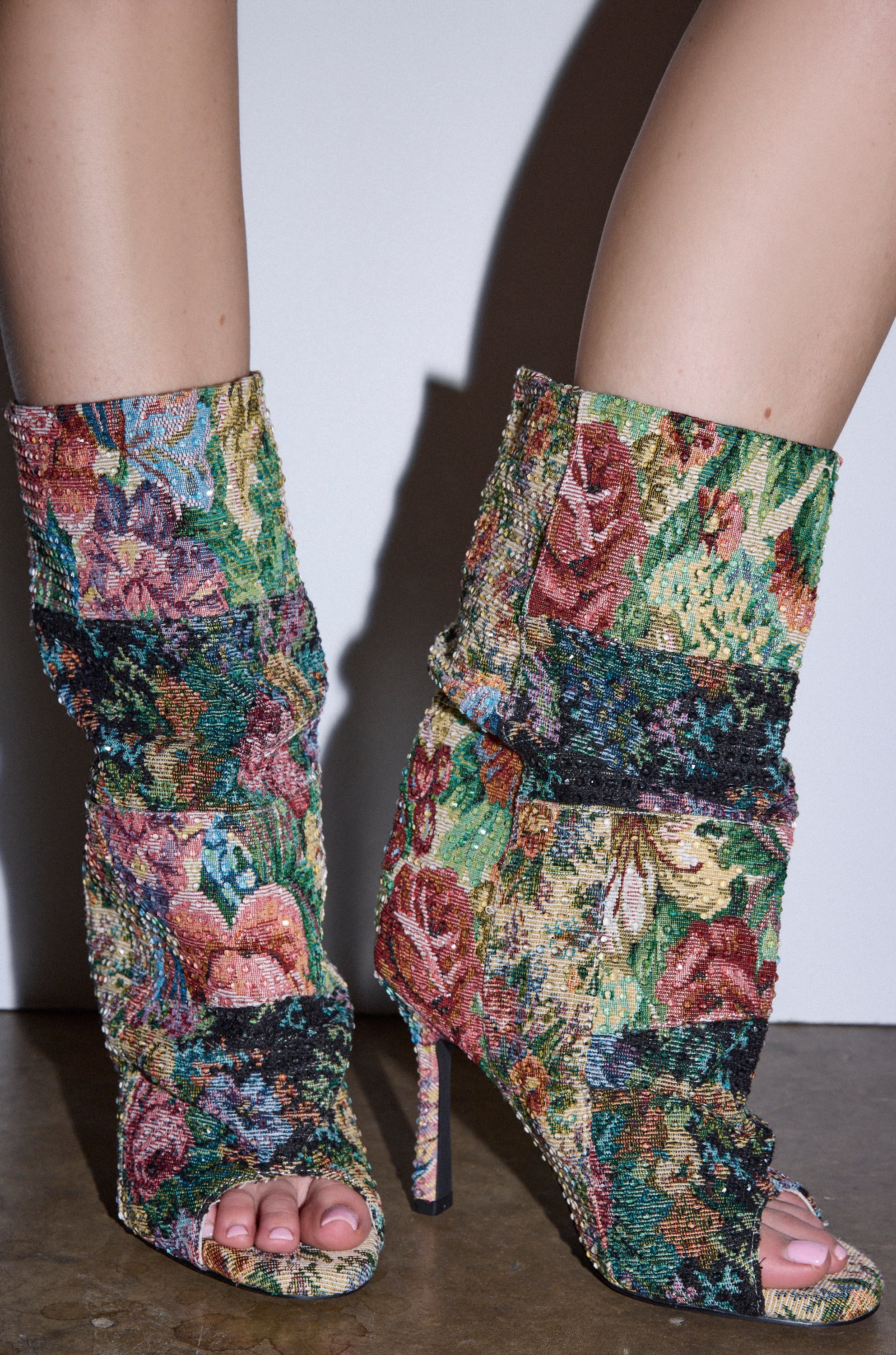 AZALEA WANG JONICE FLORAL RHINESTONE EMBELLISHED OPEN TOE BOOTIE