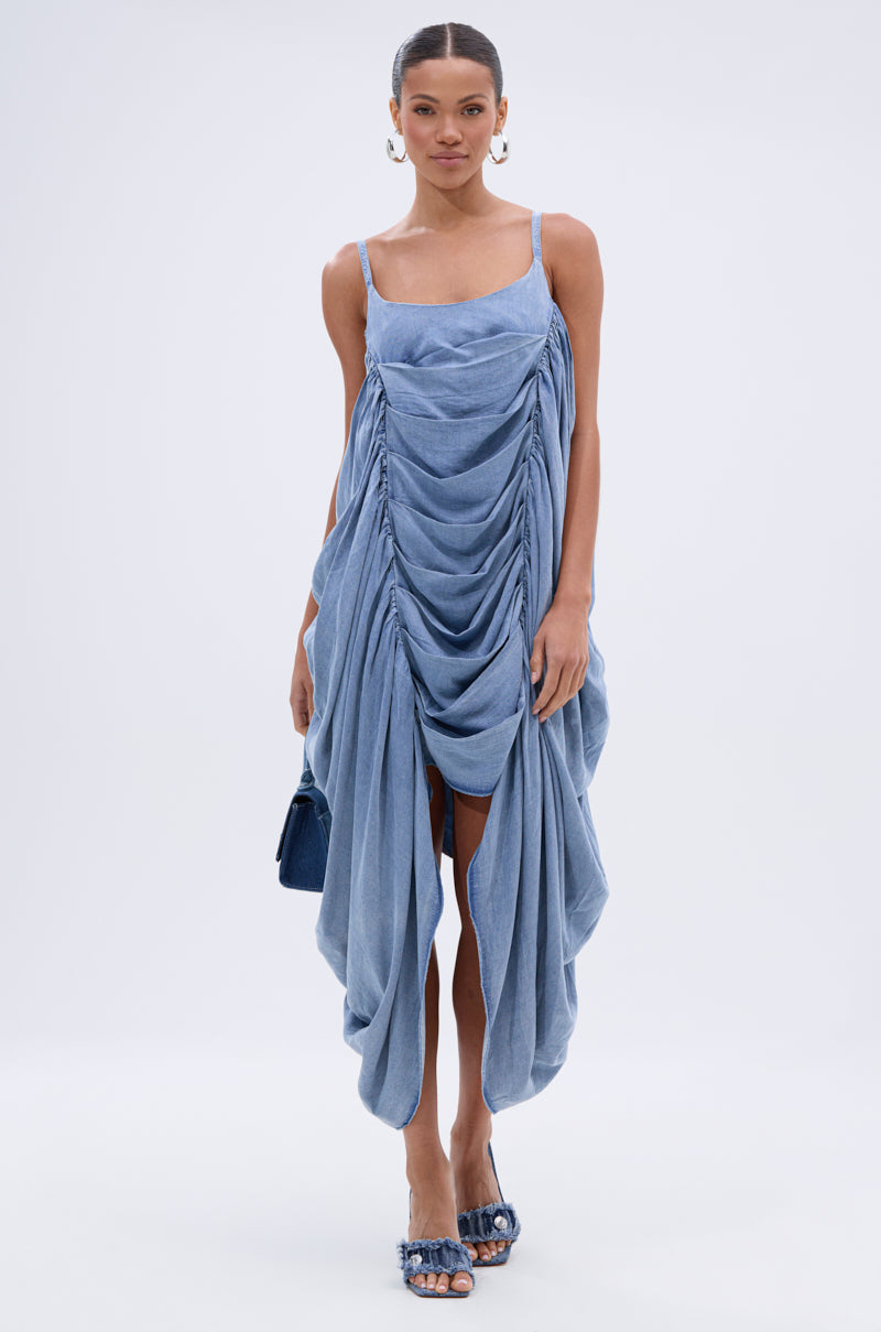 SMOOTH OPERATOR RUCHED MIDI DRESS IN DENIM