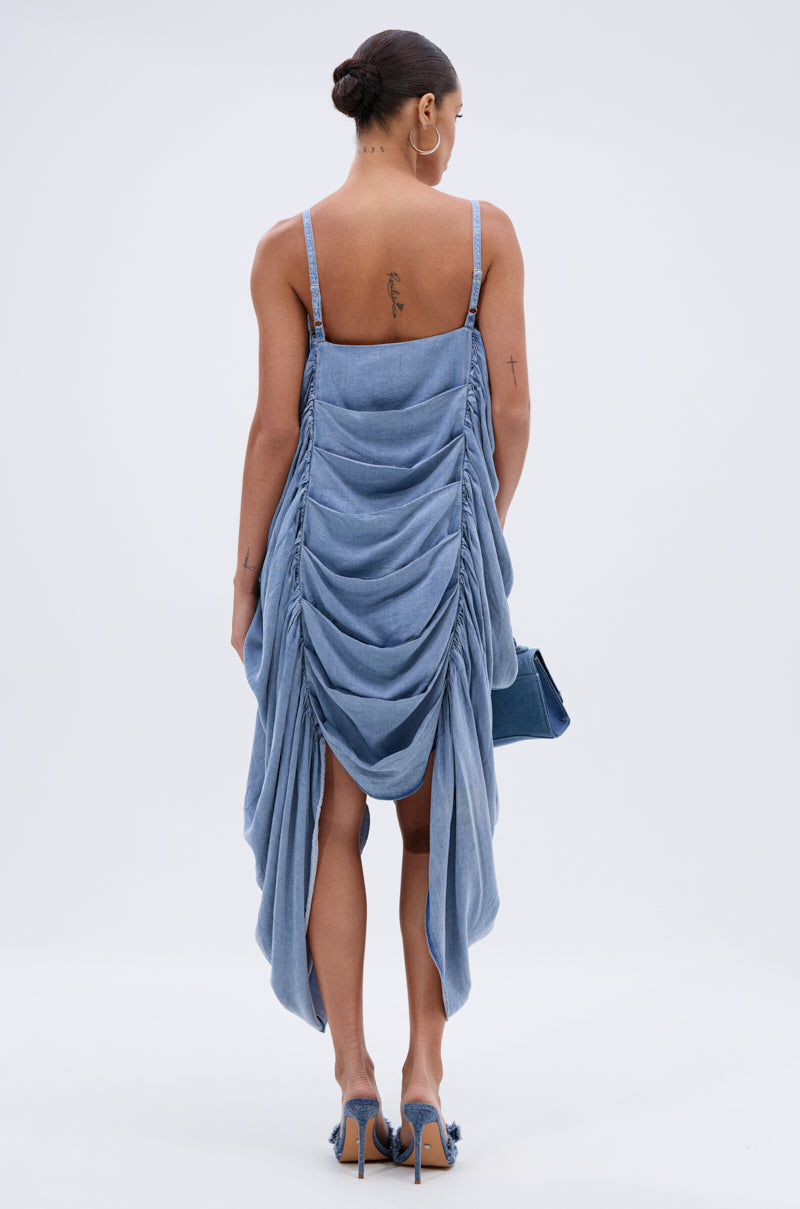 SMOOTH OPERATOR RUCHED MIDI DRESS IN DENIM