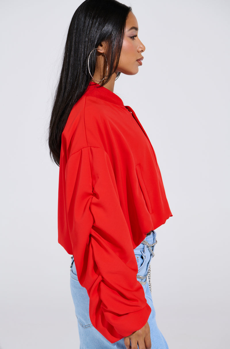 TREY RUCHED SLEEVE BOMBER IN RED