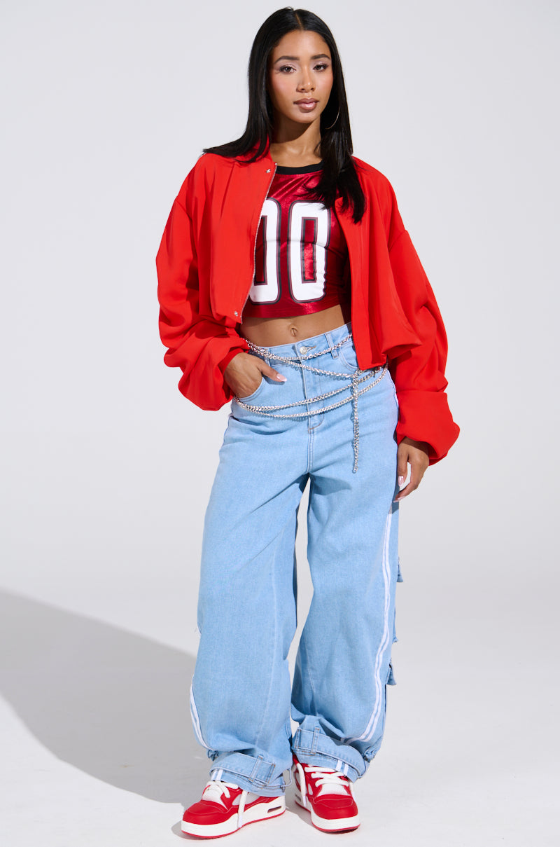 TREY RUCHED SLEEVE BOMBER IN RED