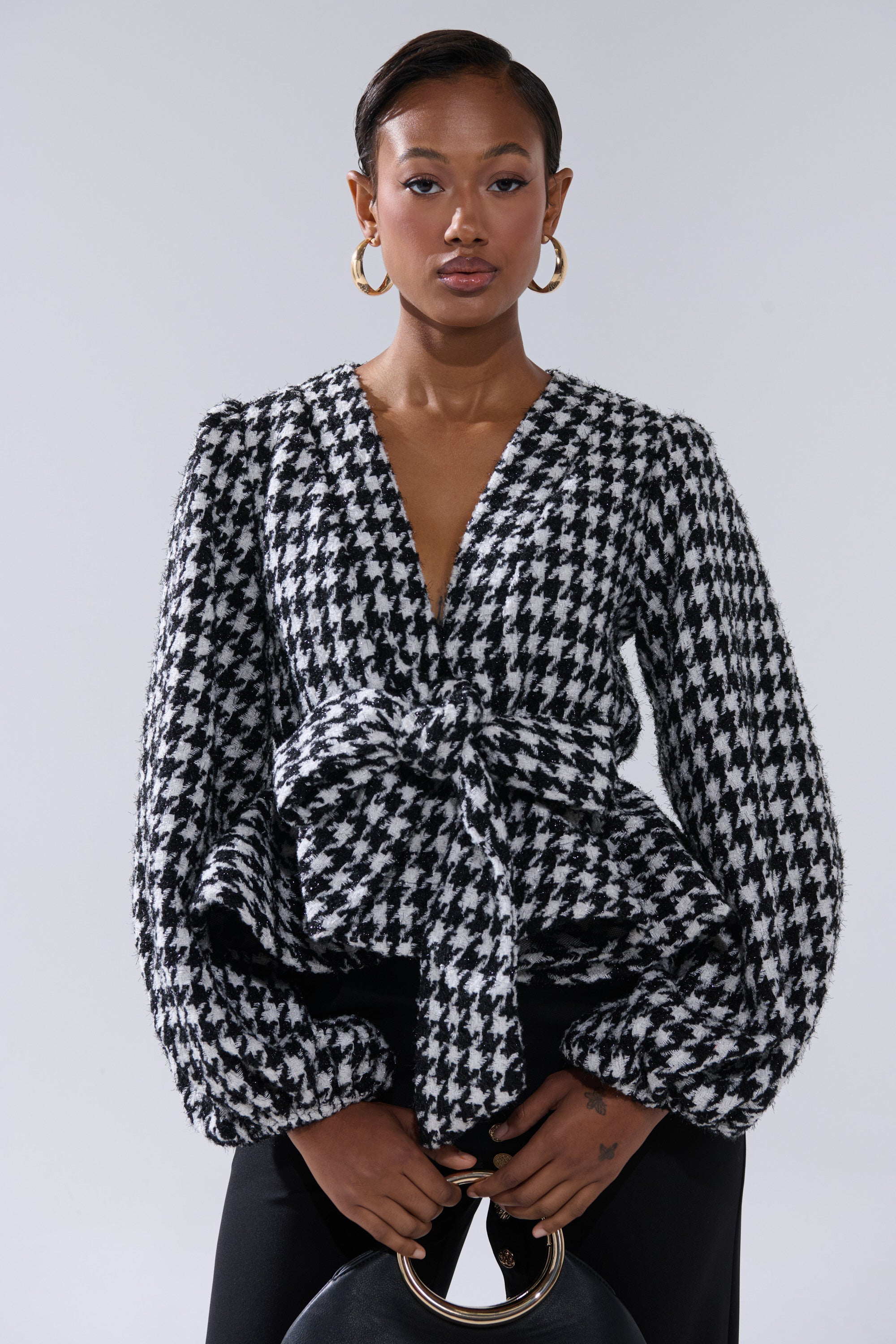 GIRL PLEASE HOUNDSTOOTH TIE-FRONT BLOUSE