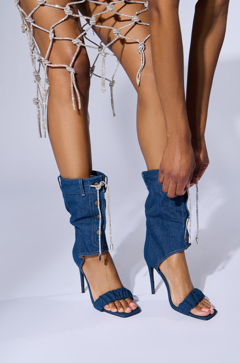 AZALEA WANG MYKEL DENIM GLADIATOR SANDAL WITH RHINESTONE LACE