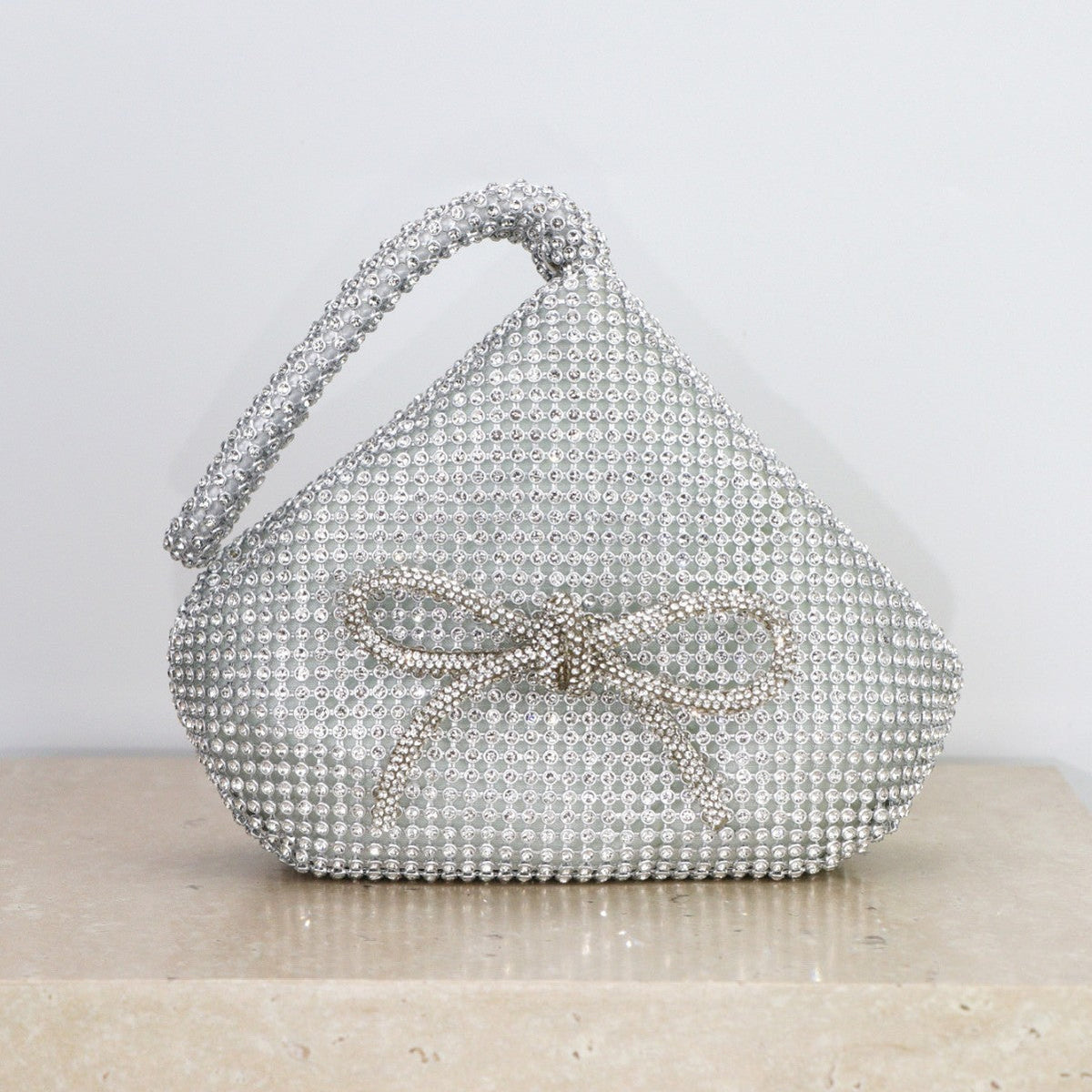Elegant Crystal Rhinestone Evening Bag – Silver Mesh Clutch with Bow Detail