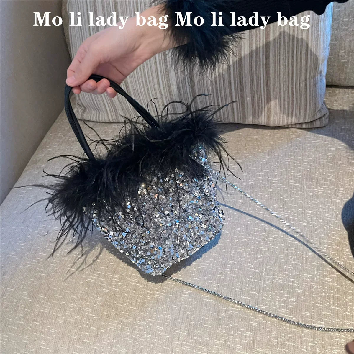 2025 Sequin Dinner Bag with Ostrich Feather - Handheld, Shoulder, and Crossbody Party Bag for Women