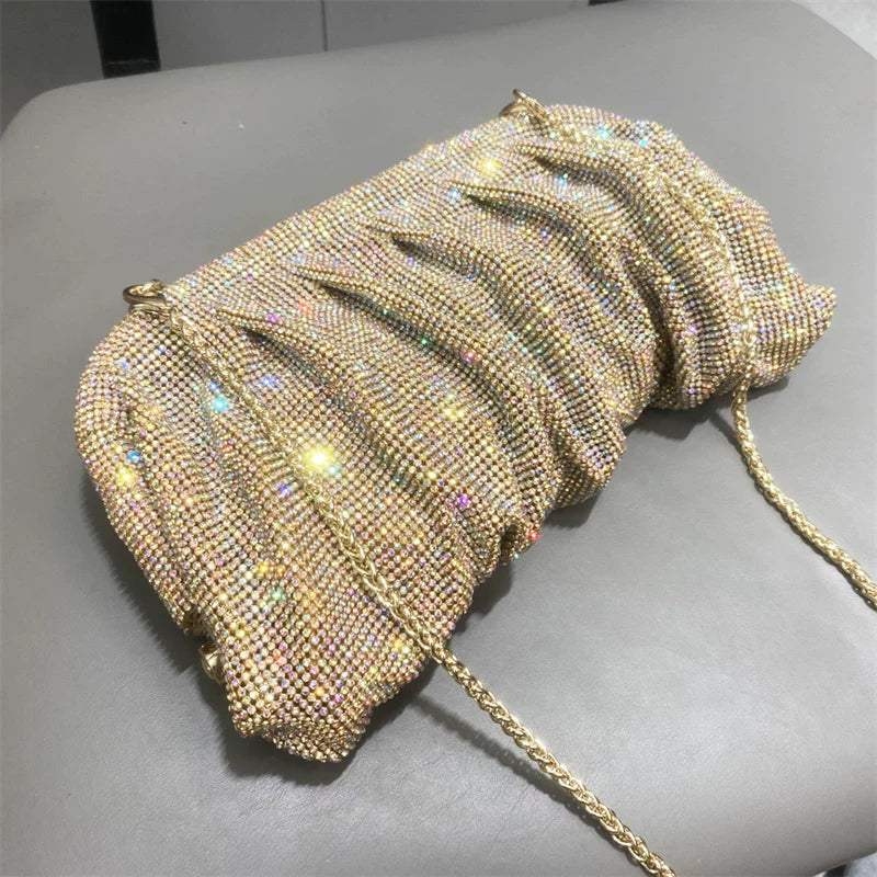 Women's Rhinestone Pleated Evening Bag – One-Shoulder, Crossbody Shiny Clutch for Formal Events