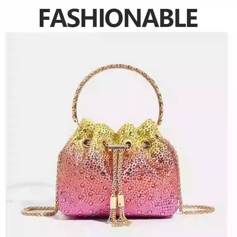 Rhinestone Bucket Evening Bag for Women – Chain Strap Shoulder and Dinner Handbag