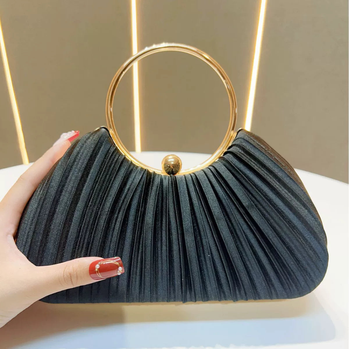 Women's Pleated Evening Handbag – Party Dress Bag with Ring Detail, Elegant KTV Princess Style