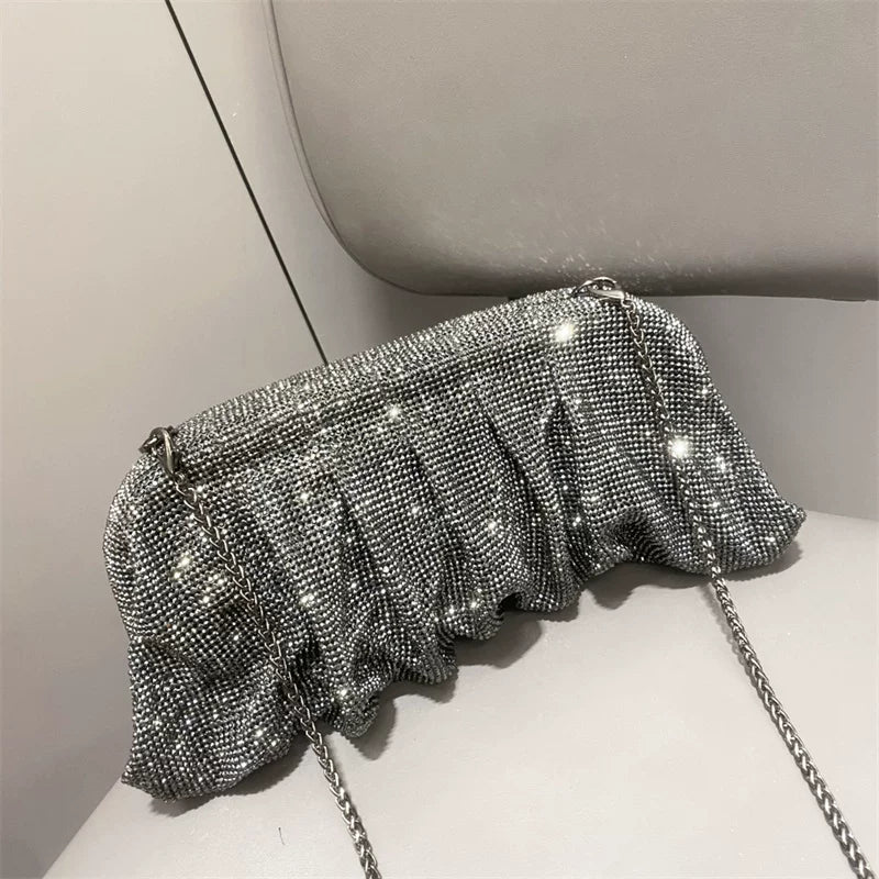 Women's Rhinestone Pleated Evening Bag – One-Shoulder, Crossbody Shiny Clutch for Formal Events